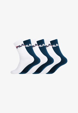 Six paires de chaussettes Fila pour hommes alternant les couleurs blanc et bleu marine, chacune avec le logo Fila près du bord supérieur.
