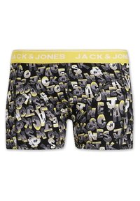 Schwarze Boxershorts mit gelbem Bund, die mit wiederholtem Graffiti-ähnlichem Text "JACK & JONES" in verschiedenen Größen und Farben verziert sind.
