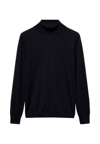 Schwarzer Rollkragenpullover aus weichem Stoff, mit langen Ärmeln und einem figurbetonten Design, das über einen gerippten Kragen und Saum verfügt.