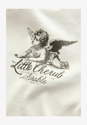 Material alb cu un design imprimat al unui cherub cu aripi, însoțit de text negru care spune "Little Cherub Adorable".