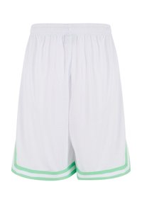 Short de sport blanc avec une ceinture élastique et des doubles bandes vert clair près des ourlets du bas, présenté sur un fond uni.