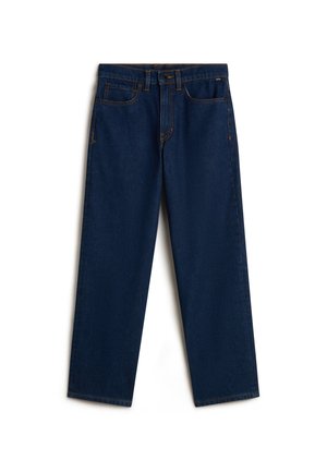 Mørkeblå straight-leg denimjeans med forlommer og bæltestropper, vist fladt på en hvid baggrund.