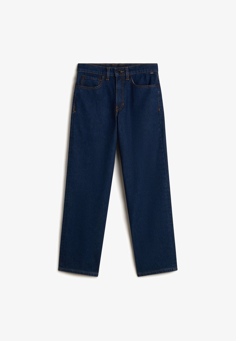 Jean denim bleu foncé coupe droite avec poches avant et passants de ceinture, présenté à plat sur fond blanc.