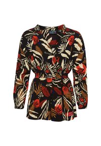 Blusa de tela negra con mangas largas, que presenta un vibrante patrón floral y abstracto en rojo, azul, beige y marrón. Diseño cruzado y cintura fruncida.