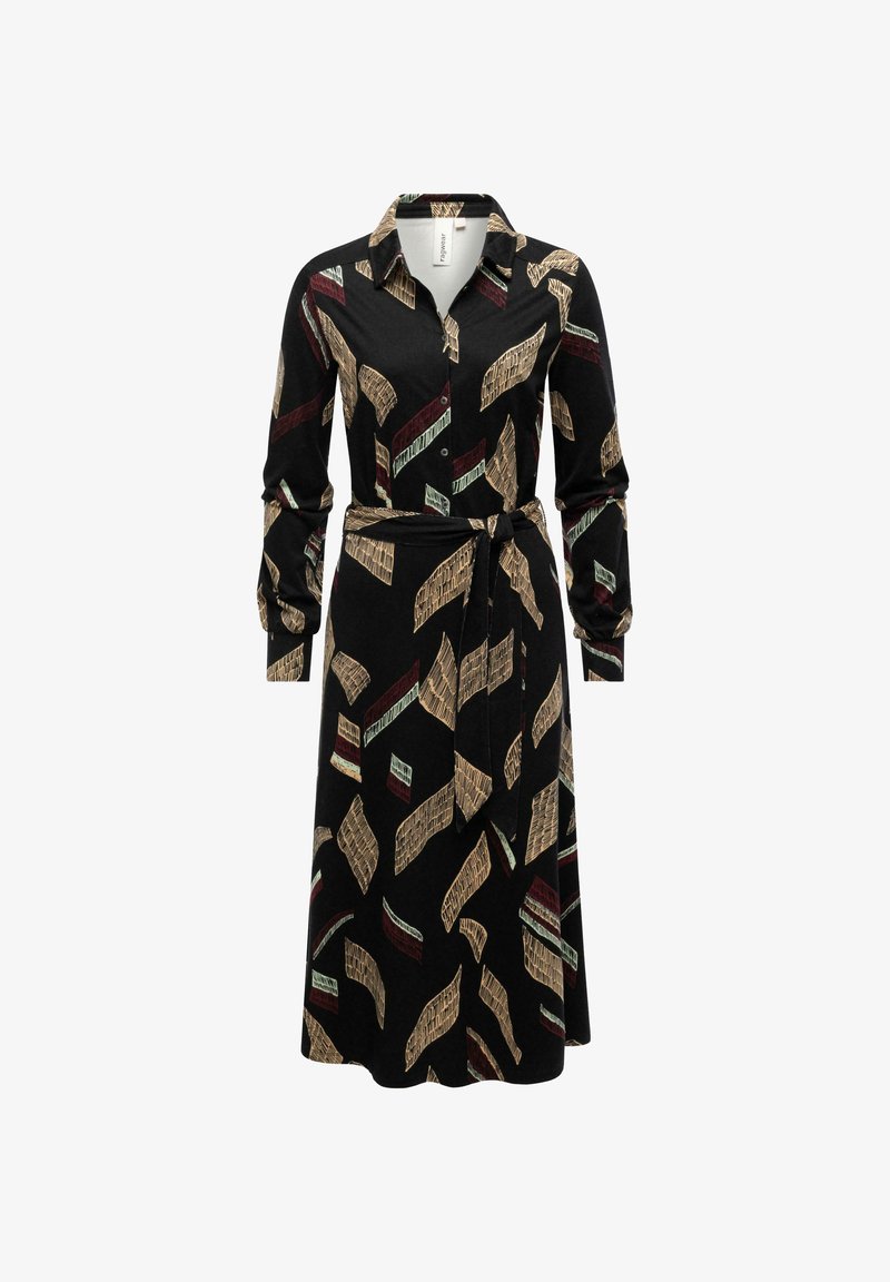 Abito nero con colletto, maniche lunghe e vita con cintura. Il motivo include forme astratte in oro, verde e bordeaux.