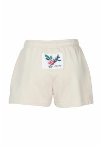 Crèmegekleurde katoenen shorts met een elastische tailleband en een vierkant geborduurd label met een roze rozenontwerp en merknaam.