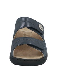 Blue leather slide sandal with two adjustable straps, a round silver accent button, and a contoured footbed. Black rubber outsole.
