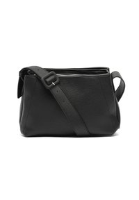 Borsa a tracolla nera in pelle con finitura testurizzata, chiusura a zip, tracolla regolabile e forma strutturata. Accentuata da una maniglia laterale.