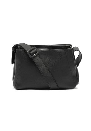 Black leather crossbody bag with textured finish, zipper closure, adjustable strap, and structured shape. Accented with side handle.