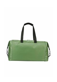 Sac de voyage vert, imperméable, fabriqué en matériau lisse. Dispose de deux poignées noires et de clips latéraux pour une bandoulière optionnelle. Forme rectangulaire.