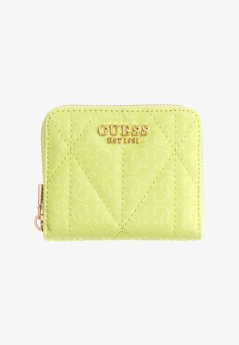 Green quilted wallet made of synthetic material, featuring a gold logo on the front and a zip closure along the edge.