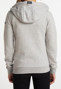 Sudadera con capucha gris de manga larga, con puños y cinturilla acanalados. Presenta un parche de logo en la parte posterior y un tejido suave y texturizado.
