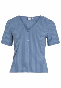 Modrá krátká ribovaná košile na knoflíky s výstřihem do V a pěti předními knoflíky, vyrobená z lehkého materiálu.