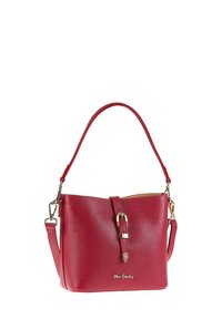 Red leather handbag with a textured finish, a curved top handle, and a detachable shoulder strap. Features a buckle closure and gold-tone accents.