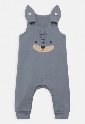 Grå bomuldsjumper med bjørneansigt print, trykknapper nederst og bløde ør-formede stropper for ekstra detalje.