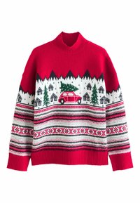 Red knitted sweater with a high neckline featuring a winter scene, including black mountains, white houses, a green tree, and a red car.
