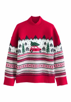 Red knitted sweater with a high neckline featuring a winter scene, including black mountains, white houses, a green tree, and a red car.