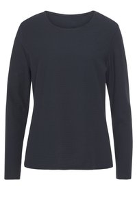Langarm-T-Shirt in Dunkelblau aus strukturiertem Stoff mit Rundhalsausschnitt und geradem Saum. Schlichtes Design, ohne sichtbare Hardware oder Muster.