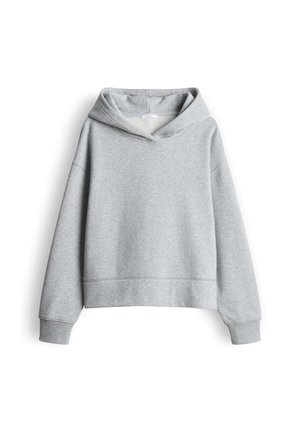 Grijze cropped hoodie gemaakt van een zachte katoenmix. Bevat een capuchon, lange mouwen en geribbelde manchetten met een relaxte pasvorm. Geen patronen of accenten.