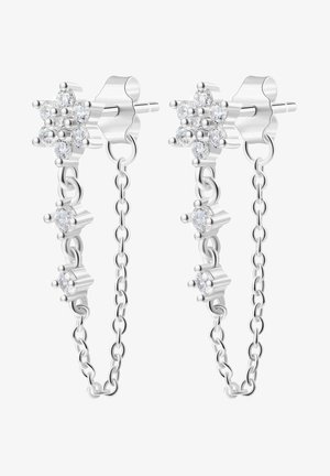 Silberne Ohrringe mit floralem Design, die mit funkelnden klaren Edelsteinen verziert sind. Ketten verbinden die Blumen und sorgen für Bewegung. Elegante und moderne Form.