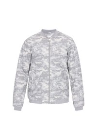 Šedá bomber bunda s digitálním maskovacím vzorem, zapínání na zip vpředu, pružné manžety a lem, a hladká, mírně texturovaná tkanina.