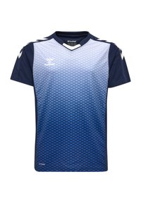 Blå og hvid kortærmet sportsjersey med v-hals, præget af et gradientmønster og logo øverst til venstre. Letvægtsstof.