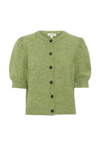Grøn cardigan i en uldblanding med korte pufærmer, rund halsudskæring og mørke knapper foran. Ribbet kant og manchetter.