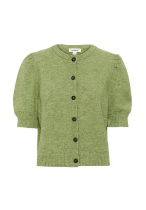 Cardigan verde in misto lana con maniche a palloncino corte, scollatura rotonda e bottoni scuri sul davanti. Orlo e polsini a coste.