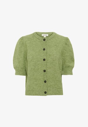 Cardigan verde in misto lana con maniche a palloncino corte, scollatura rotonda e bottoni scuri sul davanti. Orlo e polsini a coste.