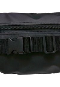 Marsupio nero in nylon con finitura testurizzata, dotato di chiusura con zip, cintura regolabile e hardware in plastica con fibbia.