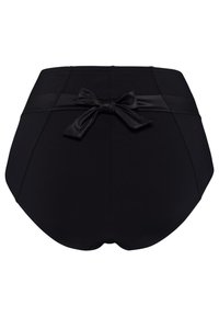 Zwarte bikini-bodem met hoge taille, een gladde textuur en een strikaccent aan de achterkant, met een brede tailleband voor comfort en pasvorm.