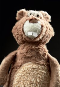 Brown plush beaver toy with textured body, white teeth, and dark eyes. Rounded head and soft, floppy ears; light beige belly design.