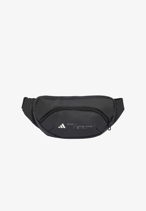 Czarna nerka Adidas z przednią kieszenią na zamek, regulowanym paskiem oraz białym logo i napisem na przednim panelu.