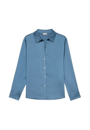 Blaues Satin-Hemd mit langen Ärmeln, spitzem Kragen, Knopfleiste und glatter Textur. Verfügbar mit sechs Knöpfen entlang der Knopfleiste.