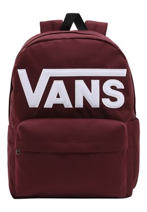 Bordeaux rugzak met groot wit Vans-logo, voorvak met ritssluiting, zwarte bovenkant handvat en gevoerde schouderbanden.