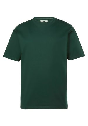 Dunkelgrünes, kurzärmliges T-Shirt aus Baumwolle mit rundem Halsausschnitt und geradem Schnitt. Etikett im Kragen sichtbar.