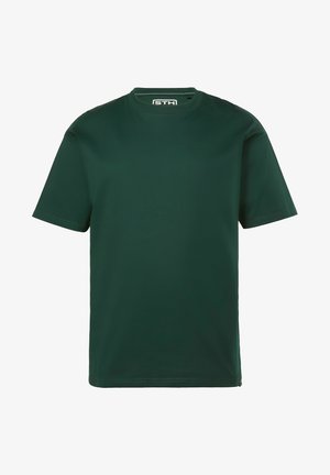 Dunkelgrünes, kurzärmliges T-Shirt aus Baumwolle mit rundem Halsausschnitt und geradem Schnitt. Etikett im Kragen sichtbar.