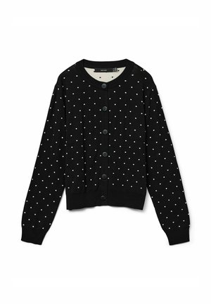 Černý cardigan s bílými puntíky, dlouhými rukávy, kulatým výstřihem a zavíráním na knoflíky v přední části. Měkký materiál s žebrovanými lemy a manžetami.