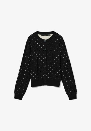 Cardigan noir avec des pois blancs, manches longues, encolure ronde et fermeture à boutons sur le devant. Matériau doux avec ourlet et poignets côtelés.