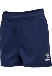Mörkblå atletiska shorts av slät tyg, med resårmidja och en vit logotyp på nedre högra sidan.