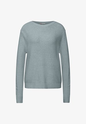 Hellblauer Strickpullover mit rundem Ausschnitt, langen Ärmeln sowie geripptem Saum und Bündchen. Die Textur wirkt weich und glatt.