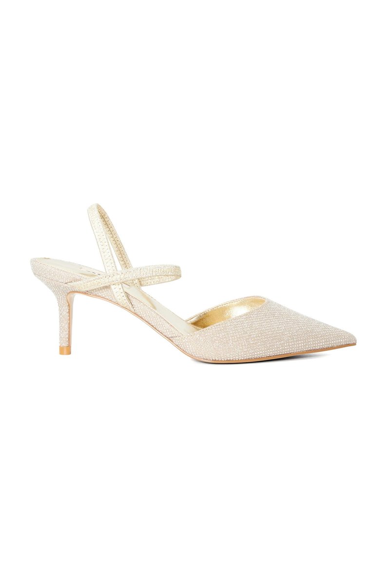 Escarpin à talon ouvert en beige métallique avec une tige texturée, un bout pointu et une fine bride croisée. Doté d'un talon aiguille de 6,5 cm.