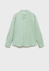 Camicia a maniche lunghe verde chiaro con colletto a band, chiusura frontale con bottoni e tessuto testurizzato. Presenta cuciture sottili intorno ai polsini.