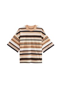 T-shirt à manches courtes et coupe carrée, avec des rayures horizontales beige, marron et blanc, un col rond et une texture en coton lisse.