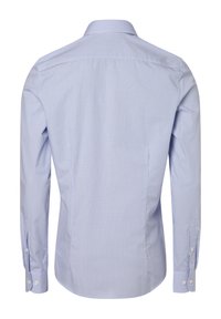 Helle blaue karierte Langarmbluse mit klassischem Kragen, Knopfmanschetten und tailliertem Schnitt. Baumwollmischgewebe mit glatter Textur.