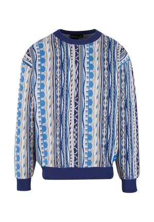 Knit sweater featuring vertical stripes in shades of blue, beige, and white. Ribbed crew neckline and cuffs, soft textured material.