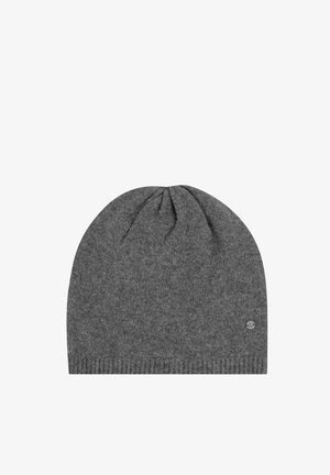 Gorro de punto gris con parte superior redondeada y puño acanalado, hecho de un material suave. Incluye un pequeño detalle de logo en el lateral.