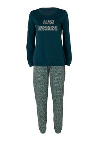 Maglia a maniche lunghe color turchese con la scritta "SLOW MORNING" e pantaloni da pigiama verdi con un motivo leopardato su tutta la superficie. Tessuto morbido. Vestibilità comoda.
