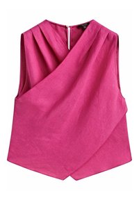 Haut portefeuille sans manches en lin rose vif. Caractéristiques : col en V, détails plissés et fermeture éclair au dos. Texture lisse avec une forme structurée.