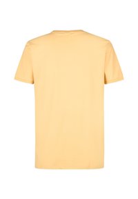 Tricou cu mânecă scurtă, într-o nuanță solidă de galben pastel, fabricat dintr-un material moale din bumbac, cu un gât clasic rotund și o croială dreaptă.